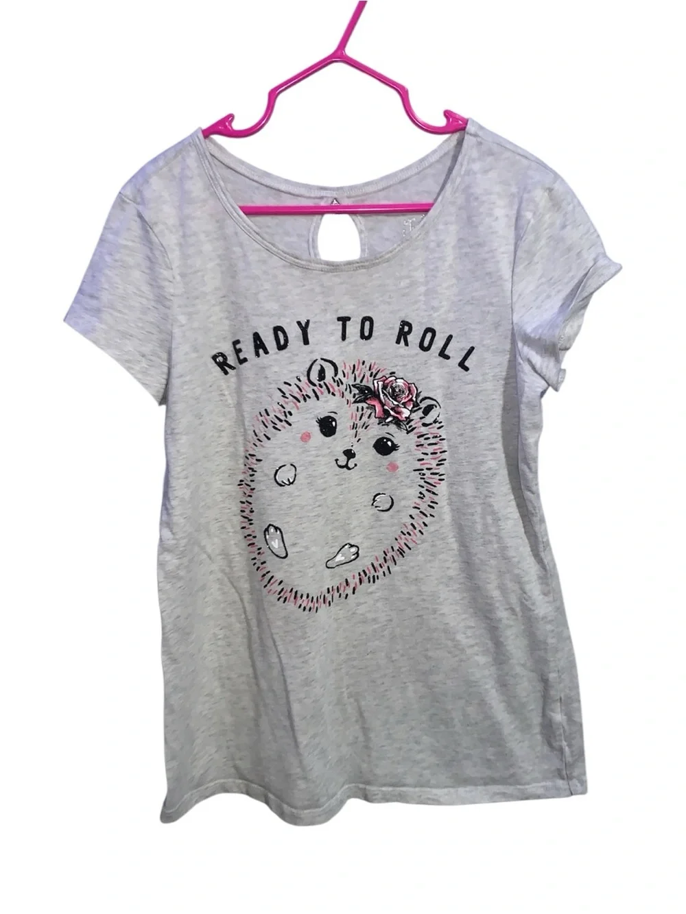 Justice Gray Hedgehog Short Sleeve Top Keyhole Back “Ready To Roll”